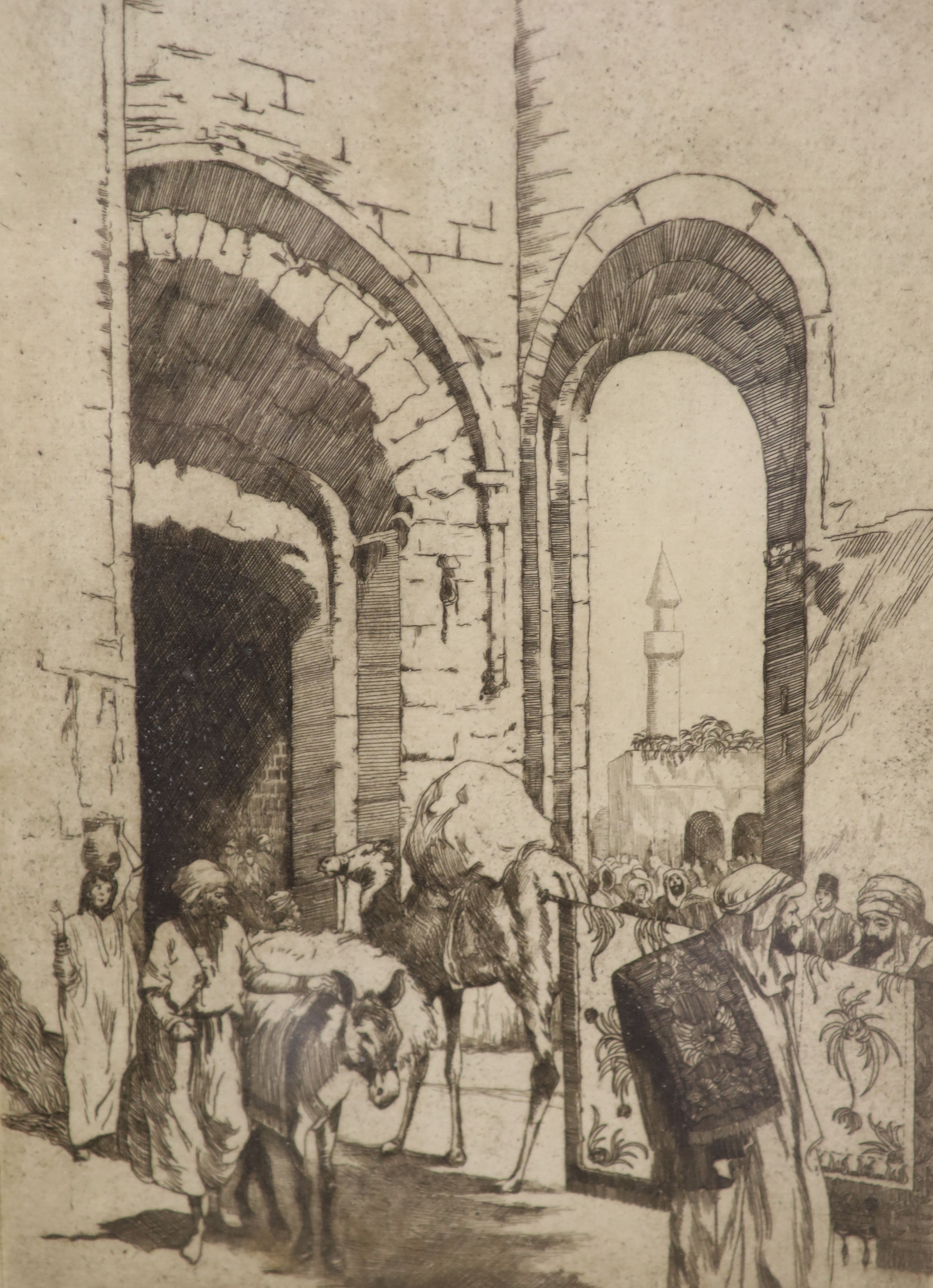 Cecil L. Holman, etching, Cairo Street scene, signed in pencil, 25 x 17cm, a John Emms print of Guildford High Street and two Moira Hoddell prints of Lewes